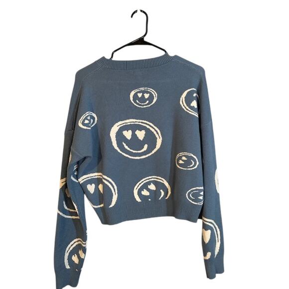 Debut Blue White Smiley Long Sleeve Crew Neck Cropped Knt Sweater Women Sz M - Picture 2 of 8